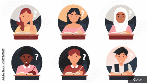 Diverse students pondering questions in a classroom setting
