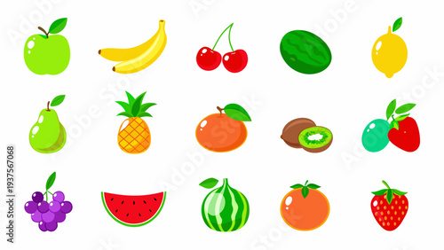 Colorful assortment of various fruits displayed in a flat cartoon style