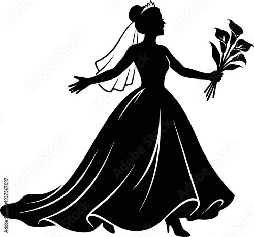 Wallpaper Mural Happy Bride Silhouette Wearing Wedding Dress and Tiara Holding Flower Bouquet Exciting Pose Torontodigital.ca