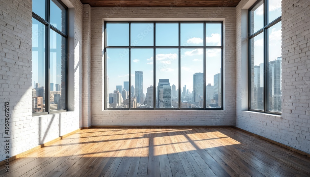 Fototapeta premium Empty loft room with city skyline view through large windows. Sunlight streams onto wood floor and white brick walls, creating bright urban interior space.