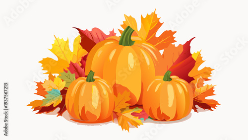 Autumn arrangement of pumpkins and colorful maple leaves for fall season