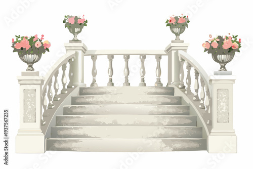 Elegant stone staircase adorned with floral arrangements in urns