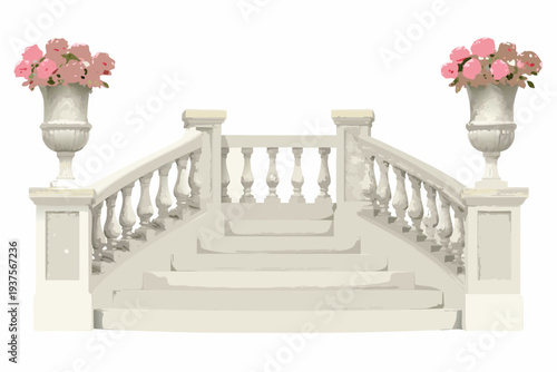 Elegant staircase with ornate vases displaying pink roses