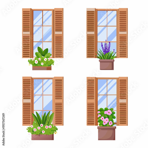 Charming illustrated windows with flower boxes and decorative shutters