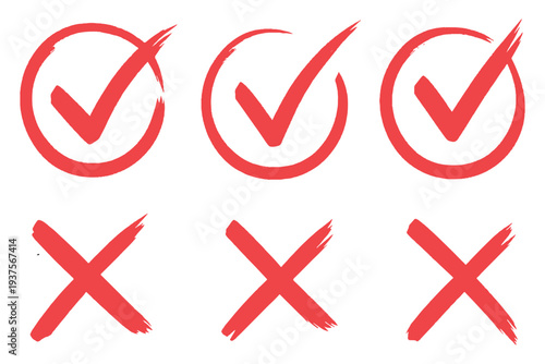Grunge vector checkmark and cross. Grunge green check mark and red cross mark icon set. brush correct or incorrect sign with circle