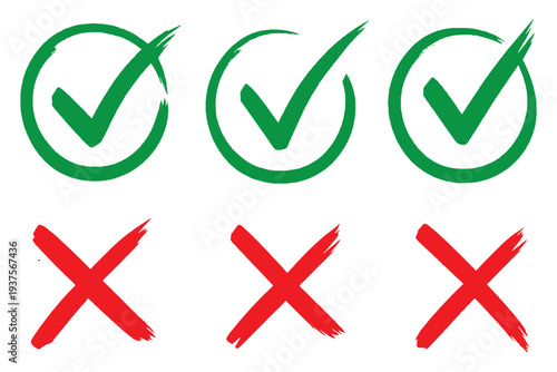 Grunge vector checkmark and cross. Grunge green check mark and red cross mark icon set. brush correct or incorrect sign with circle