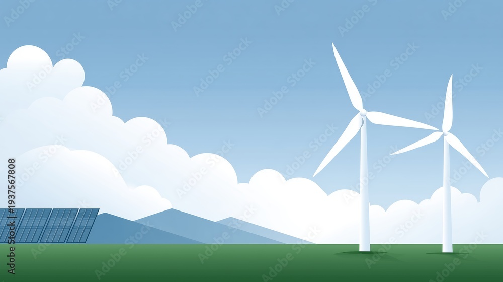 Fototapeta premium Renewable energy landscape featuring two wind turbines and solar panels against a blue sky with fluffy clouds, symbolizing sustainable energy solutions and environmental awareness