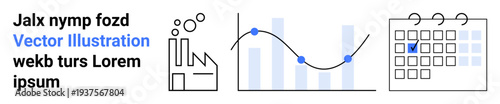 Business strategies, data visualization, planning, productivity, workflow, project tracking. Minimalist icons factory, line graph with data points and marked calendar. Business strategies and data