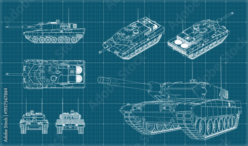 Leopard German battle tank of the second generation. Blueprint. Four projections, isometry and perspective.	