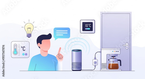 Smart Home Automation System with Voice Assistant Controlling Lights Temperature and Appliances Vector Illustration