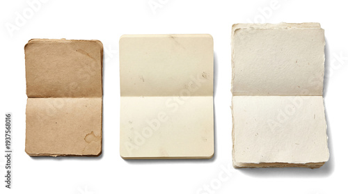 three distinct vintage open notebooks are presented on a transparent background, highlighting varied paper textures and aged appearances, ideal for artistic and design purposes in digital media.