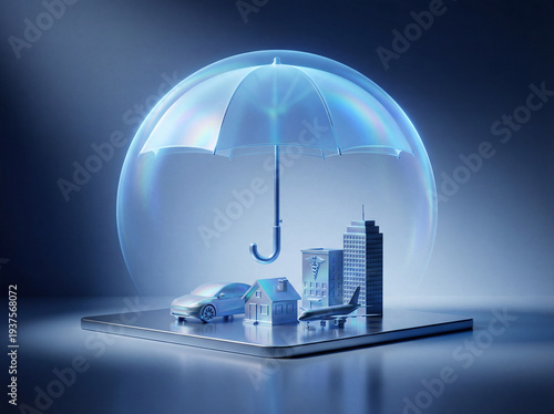 Digital insurance concept with a glowing umbrella and protective shield covering miniature models of car, house, hospital, skyscraper, and airplane on a modern platform, symbolizing comprehe