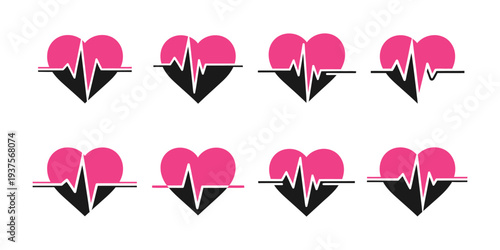 Collection of heart symbols divided in two colors with ECG pulse line, clean flat vector illustration for health themes.
