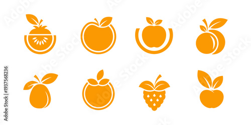Orange fruit icon set featuring apple, peach, raspberry, and citrus symbols in flat design. Modern vector collection for organic food branding