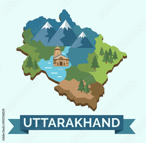 3D isometric Uttarakhand map vector design with snow capped mountains, holy river, ancient temple, and green forests with text ribbon for Indian geography and tourism promotions.
