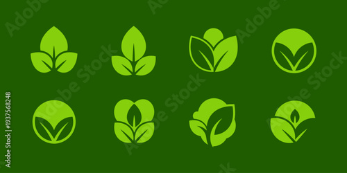 Green ecology logo elements featuring leaves and growth symbols. Simple vector graphics for eco friendly marketing materials.
