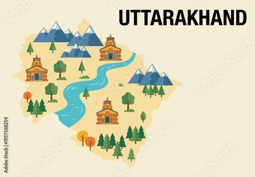 Flat style Uttarakhand state map vector showcasing Himalayan mountains, sacred temples, green forests, and flowing rivers on beige background for Indian tourism and travel designs.
