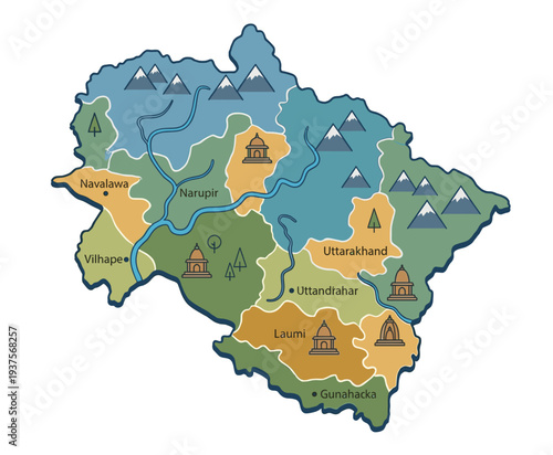 Uttarakhand map vector illustration featuring colorful regions, traditional temples, majestic mountains, rivers and lush forests for travel, geography and cultural design projects.