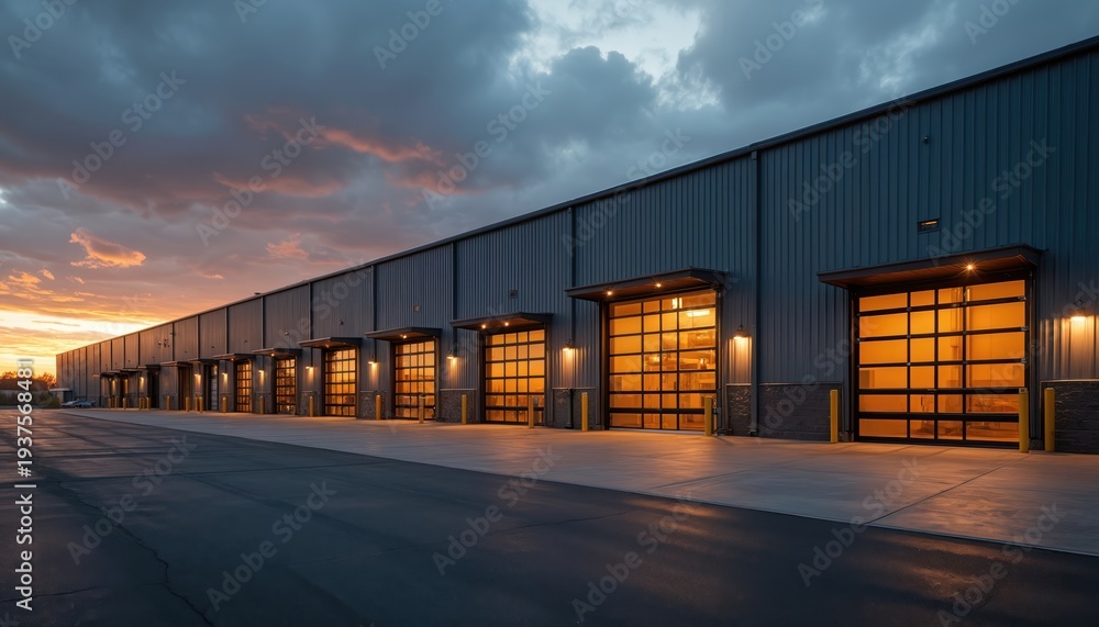 Obraz premium Row of modern industrial units with glass garage doors. Building facade features corrugated metal. Lights glow from inside. Dramatic sunset sky above. Exterior view.