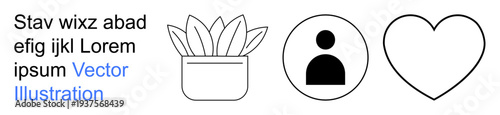 Nature, self-identity, social media, minimalism, user interface, digital design. Potted plant, user icon heart symbol with simple line art. Nature and self-identity design concept