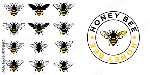 Honey bee silhouette bundle in flat black style. Flying bee vector illustrations with detailed wings, ideal for branding, stickers, and print projects.