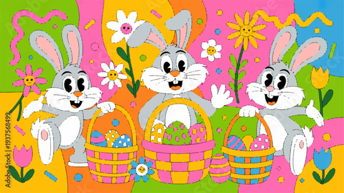 Three cheerful easter bunnies with colorful baskets and flowers on a vibrant background