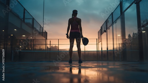 Silhouette of a padel player standing on court holding racket at dusk with glass walls reflecting the sky
