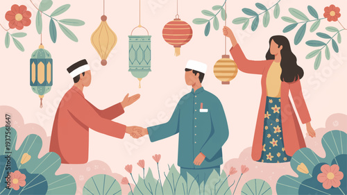 People in traditional clothing shaking hands and hanging lanterns in a festive garden with flowers and leaves
