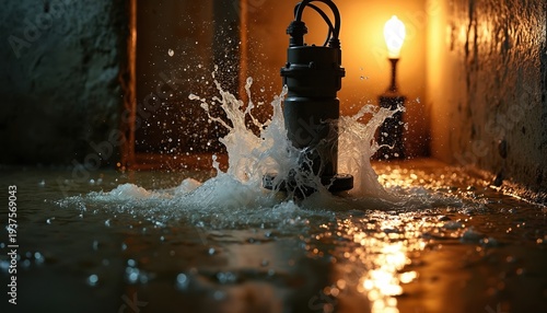 Submersible pump ejects water from flooded basement with forceful splashes. Device works in dark utility room removing excess liquid. Domestic water damage repair equipment.