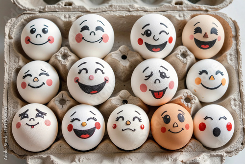 Group of eggs with various hand-drawn funny faces expressing different emotions in a carton.
