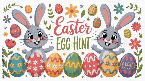 Colorful easter egg hunt scene with cartoon bunnies and decorated eggs surrounded by flowers and leaves ideal for holiday promotions