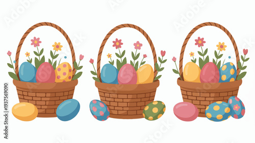 Three wicker baskets filled with colorful easter eggs and spring flowers surrounded by scattered eggs on a white background symbolizing renewal and celebration