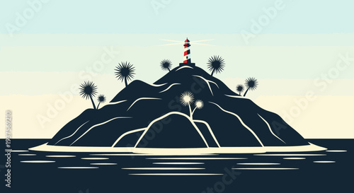 Island Lighthouse Tropical Palm Trees Ocean