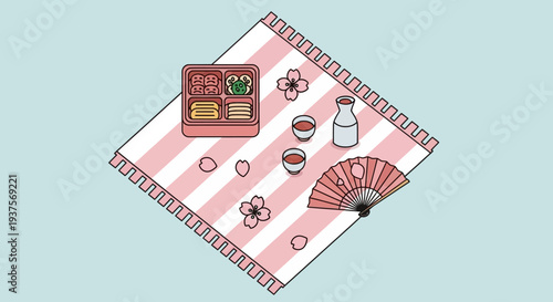 Japanese picnic set with food, sake, and fan