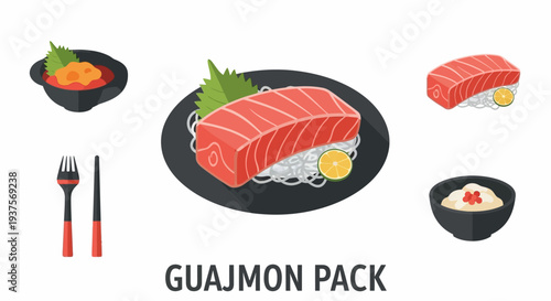 Japanese Food Icons: Sushi, Sashimi, Rice Bowl