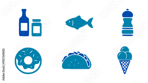 Food icons including fish, donut, taco, ice cream, bottle, and dessert elements.