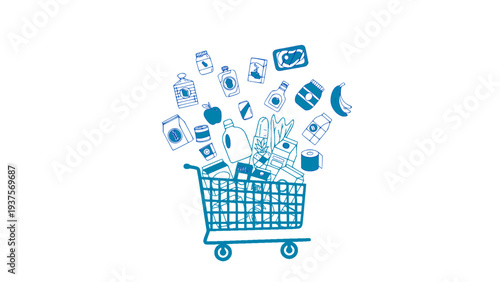 Shopping cart with food and grocery icons representing online food ordering and delivery.