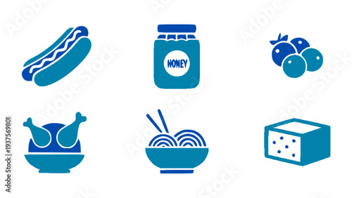 Food icons featuring hotdog, noodles, honey jar, berries, cheese, and snack items.