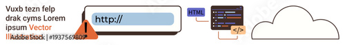 Cybersecurity, web development, data protection, coding, cloud storage, internet safety. URL bar and warning icon alongside code snippet and cloud symbol. Cybersecurity and web development concept