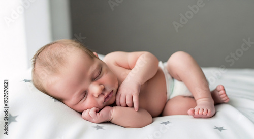 Adorable peacefully sleeping newborn baby lying on soft bed in a cozy nursery with gentle natural light creating a calm and serene atmosphere for restful sleep