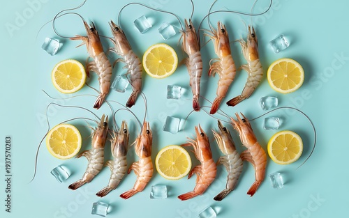 Shrimp and lemons on blue background with ice cubes