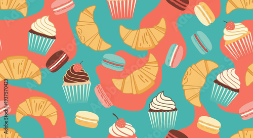 Colorful seamless pattern of cupcakes and pastries on a vibrant background.