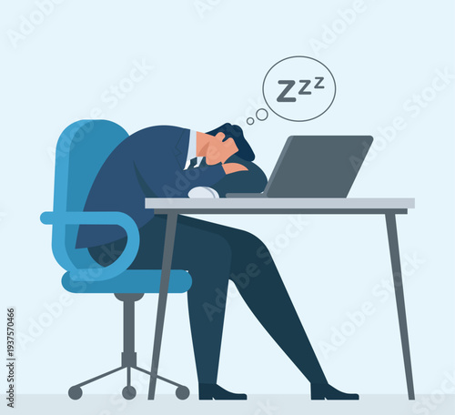 Overworked Businessman Sleeping at Office Desk, Workplace Exhaustion, Corporate Burnout, Lack of Productivity, Sleep Deprivation, Office Fatigue