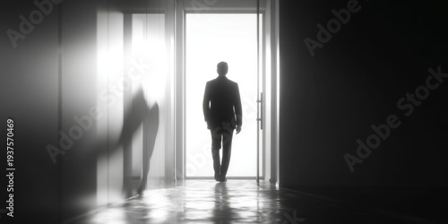 Wallpaper Mural Silhouette of Businessman Leaving Office Door, Symbolizing Job Change or Career Transition Torontodigital.ca