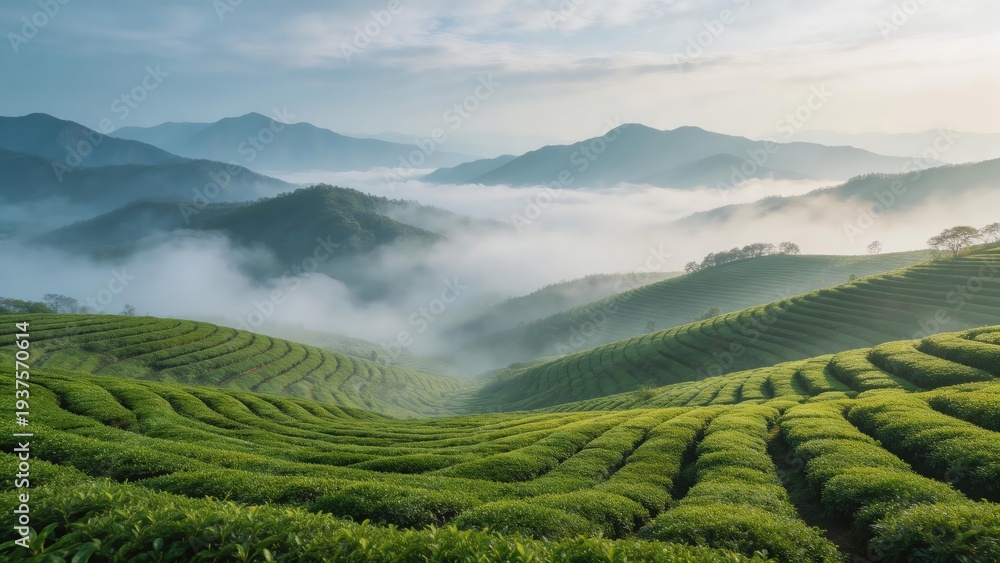 Fototapeta premium Sunrise Over Terraced Tea Plantation with Morning Mist