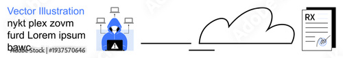Cybersecurity, hacking, online privacy, cloud storage, data theft, healthcare data security. A hooded hacker accessing cloud data linked to a medical prescription. Cybersecurity and hacking risks