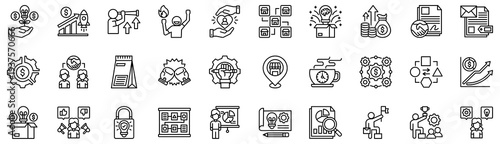 Startup icons collection. Vector illustration. Venture, Rocket, Vision, Passion, Social Responsibility, Franchise. Pro Vector