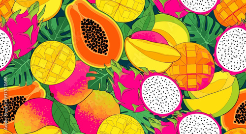 Vibrant Tropical Fruits Pattern with Papaya and Pineapple.