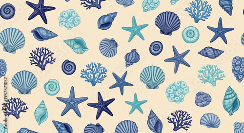 Seamless pattern of blue ocean creatures and shells.