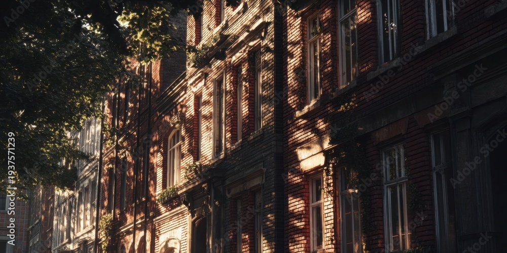 Fototapeta premium Sun Dappled Brick Buildings on a Quiet City Street